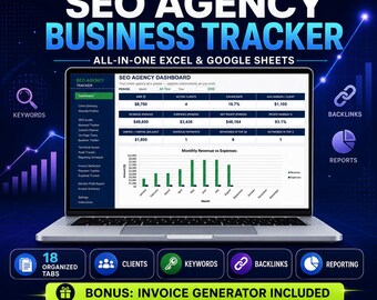 Puede incluir: Un ordenador portátil que muestra un panel de control SEO Agency Business Tracker para Excel y Google Sheets. La pantalla presenta métricas financieras, un gráfico de barras de ingresos frente a gastos y 18 pestañas organizadas.