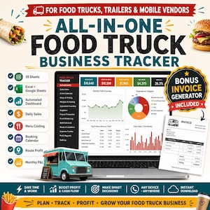 Pode incluir: Uma ferramenta digital de rastreamento de negócios de food truck para Excel e Google Sheets. Inclui 18 planilhas, painéis automatizados, rastreamento de vendas diárias, custos de menu, calendários de reservas e um gerador de faturas bônus.