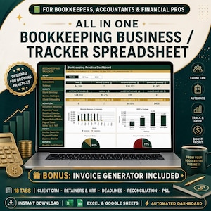 May include: A digital bookkeeping business tracker spreadsheet displayed on a laptop screen, featuring a practice dashboard with financial charts, client CRM, and automated reporting tools for accountants and financial professionals.