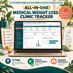 Medical Weight Loss Clinic Tracker Excel Google Sheets | Patient Program Visit Weigh In Progress Invoice Dashboard | Wellness Clinic