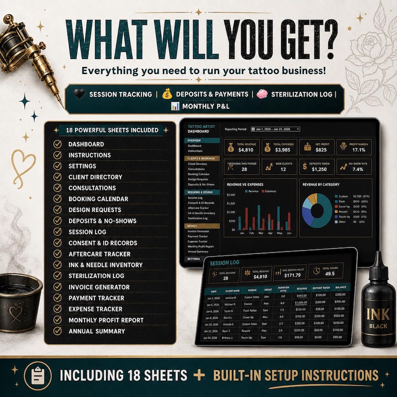 Tattoo Artist Business Tracker Spreadsheet | Excel Google Sheets Client ...