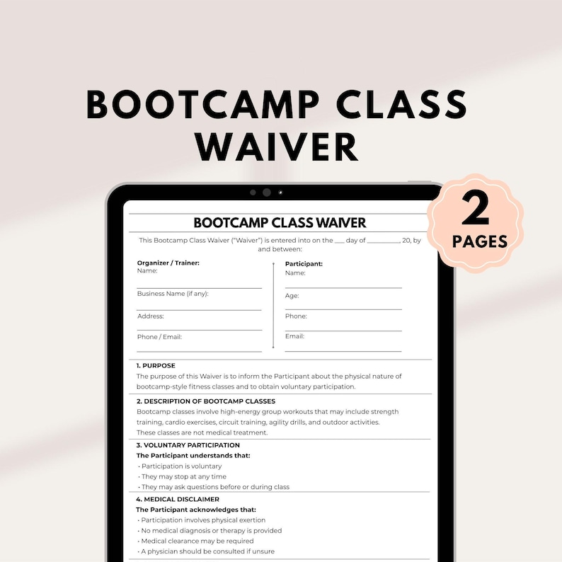 Editable Bootcamp Class Waiver | Fitness Liability Release | PDF Word ...