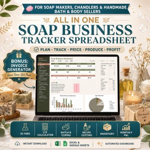 May include: A digital soap business tracker spreadsheet displayed on a laptop screen, featuring an automated dashboard with charts, revenue, and expense data. The interface includes tabs for recipe costing, inventory, and order management.