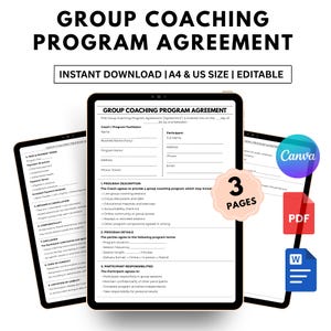 Puede incluir: Una plantilla digital de acuerdo de programa de coaching grupal que se muestra en tres tabletas. El documento incluye secciones para los detalles del programa, las responsabilidades de los participantes y los términos de pago. El diseño incluye el texto "Descarga instantánea" e iconos para Canva, PDF y Word.