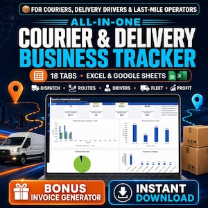 May include: A digital business tracker for couriers and delivery drivers, compatible with Excel and Google Sheets. The interface displays 18 tabs, including dispatch, routes, drivers, fleet, and profit, with charts showing revenue, expenses, and payment status.