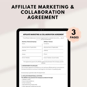 May include: A digital tablet displays an affiliate marketing and collaboration agreement. The document includes sections for business and affiliate information, appointment details, and promotional activities. A pink circular sticker indicates the document has 3 pages.