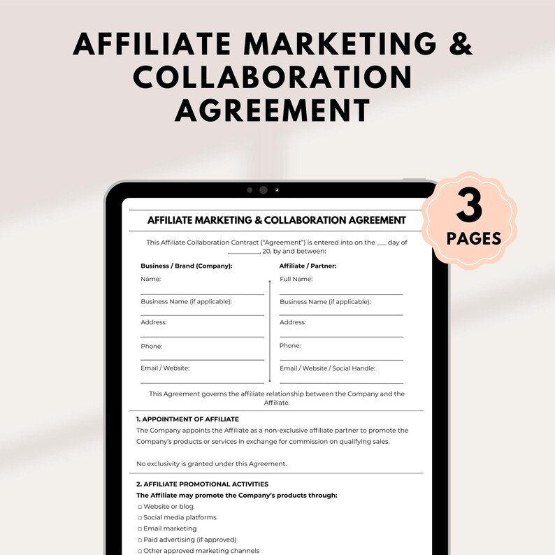 May include: A digital tablet displays an affiliate marketing and collaboration agreement. The document includes sections for business and affiliate information, appointment details, and promotional activities. A pink circular sticker indicates the document has 3 pages.