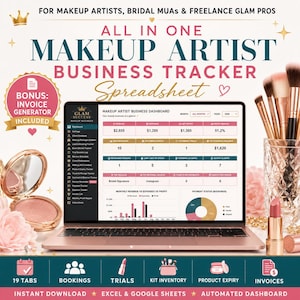 Peut inclure: Un tableur de suivi d'activité pour maquilleur professionnel affiché sur un écran d'ordinateur portable. Le tableau de bord présente des indicateurs de revenus, dépenses et profits. L'image contient le texte ALL IN ONE MAKEUP ARTIST BUSINESS TRACKER.
