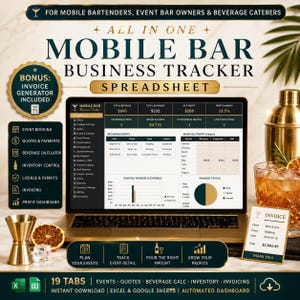 Op de afbeelding: Een digitaal spreadsheet voor het bijhouden van een mobiele bar-onderneming op een laptopscherm. De interface toont financiële statistieken, evenementenplanningen en grafieken. Inclusief een gouden cocktailshaker, jigger en een factuurkaart.