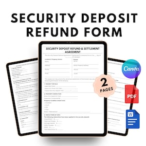 Könnte beinhalten: Drei Tablets zeigen ein Formular zur Rückerstattung der Kaution. Das Formular enthält Abschnitte für Vermieter/Eigentümer, Mieterdetails, Immobilieninspektion und Abzüge. Das Bild zeigt auch Canva-, PDF- und Word-Symbole.