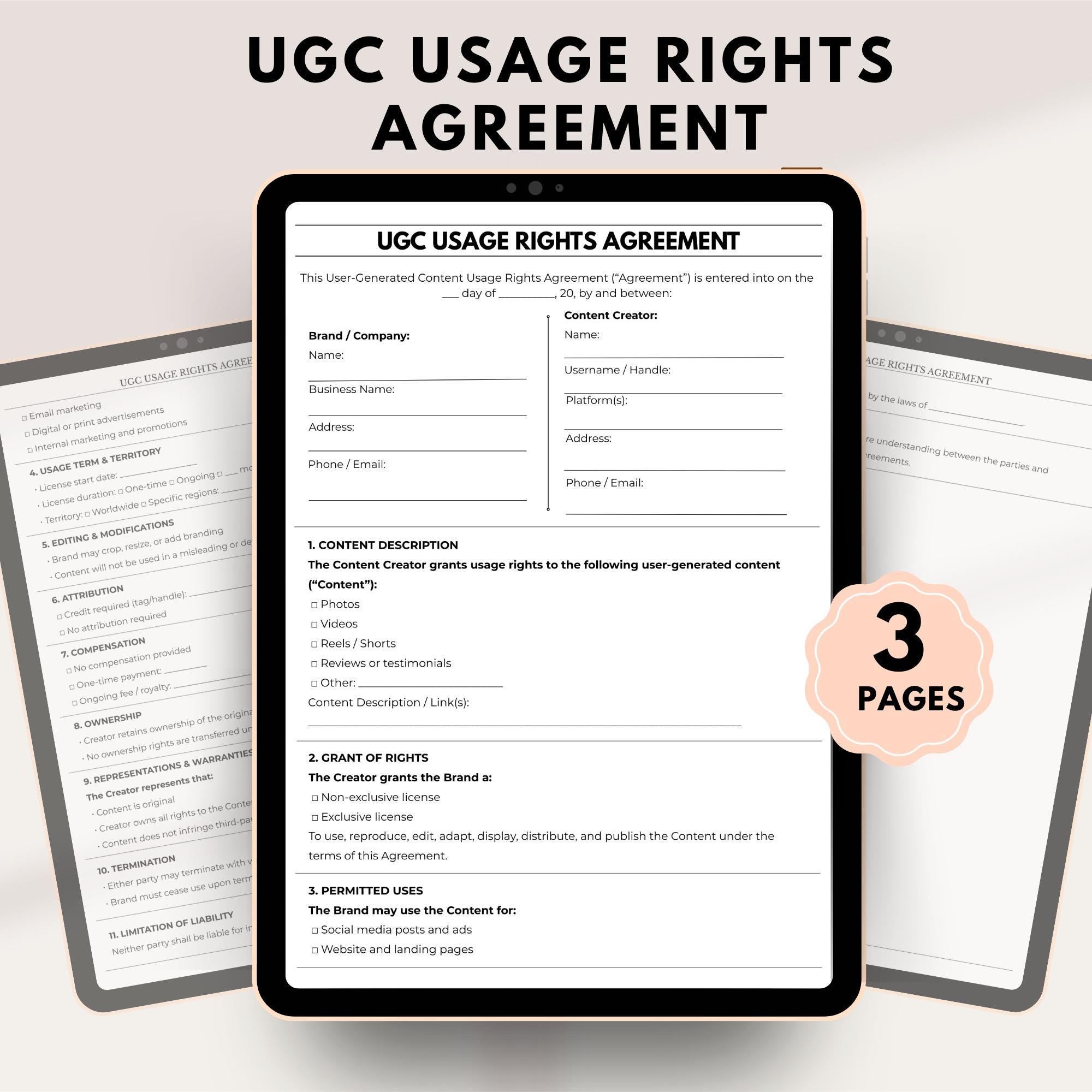 Using Correct Usage Rights Editable UGC Usage Rights Agreement Template Canva PDF Word Instant ...