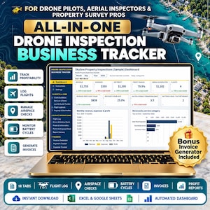 May include: A gold laptop displaying an all-in-one drone inspection business tracker dashboard with key metrics, revenue charts, and financial data. The screen shows tabs for flight logs, client databases, and invoice generation for drone pilots.