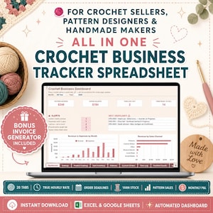 May include: A laptop displaying a Crochet Business Tracker Spreadsheet dashboard with revenue, expense, and inventory charts. The screen shows text including For Crochet Sellers, Pattern Designers & Handmade Makers, All In One Crochet Business Tracker Spreadsheet, and Bonus Invoice Generator Included. A basket of yarn, a crochet hook, and a wooden tag are visible.