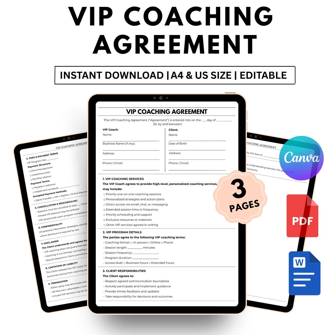 Editable VIP Coaching Agreement | Private Coaching Client Contract ...