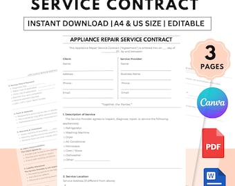 Editable Appliance Repair Service Contract PDF Word Canva Instant Download.