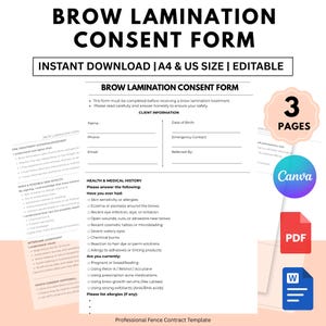 May include: Brow lamination consent form, instant download in A4 and US size. The form includes sections for client information, health history, and aftercare agreement. It is a professional fence contract template.