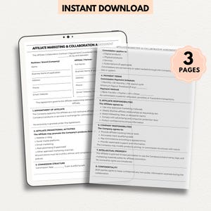 May include: A digital download image of an affiliate marketing and collaboration agreement. The document is displayed on a tablet and a printed page, with the text "Instant Download" at the top. A pink circle with the number "3" and the word "pages" is in the image.