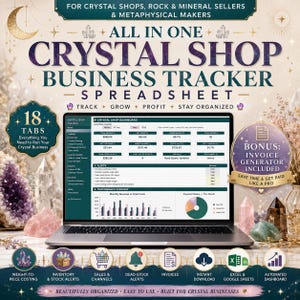 May include: A digital business tracker spreadsheet for crystal shops displayed on a laptop screen. The interface shows a dashboard with financial metrics, revenue charts, and inventory alerts. Text includes ALL IN ONE CRYSTAL SHOP BUSINESS TRACKER.