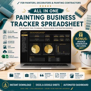 Può includere: Un foglio di calcolo digitale per la gestione di imprese di verniciatura visualizzato su uno schermo di un portatile, con una dashboard automatizzata che include grafici, dati finanziari e strumenti per tracciare lavori, preventivi e fatture.
