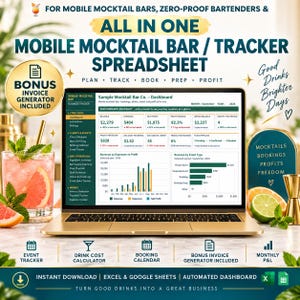 May include: A gold laptop displaying a mobile mocktail bar business tracker spreadsheet with a dashboard, revenue charts, and event data. The screen shows text including "Sample Mocktail Bar Co. - Dashboard" and "Bonus Invoice Generator Included."