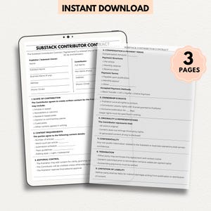 K&ouml;nnte beinhalten: Ein digitaler Download mit einem Substack-Contributor-Vertrag, der auf einem Tablet und einer gedruckten Seite angezeigt wird. Der Vertrag umrei&szlig;t Bedingungen f&uuml;r die Erstellung von Inhalten, die Verg&uuml;tung und das Eigentum. Das Bild enth&auml;lt den Text "INSTANT DOWNLOAD" und eine Grafik "3 PAGES".