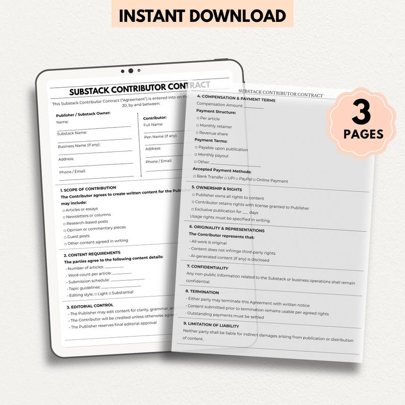 K&ouml;nnte beinhalten: Ein digitaler Download mit einem Substack-Contributor-Vertrag, der auf einem Tablet und einer gedruckten Seite angezeigt wird. Der Vertrag umrei&szlig;t Bedingungen f&uuml;r die Erstellung von Inhalten, die Verg&uuml;tung und das Eigentum. Das Bild enth&auml;lt den Text "INSTANT DOWNLOAD" und eine Grafik "3 PAGES".
