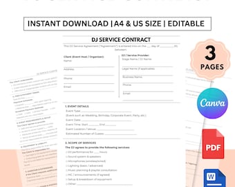 Editable DJ Service Contract DJ Performance Agreement Template PDF Word Canva Instant Download.
