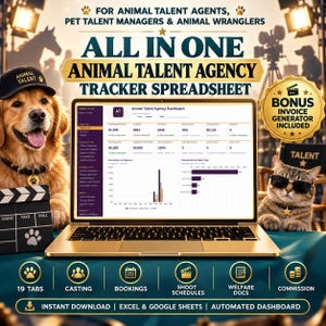 May include: A digital spreadsheet for animal talent agencies displayed on a laptop screen. The interface shows an Animal Talent Agency Dashboard with financial metrics, charts, and project data. A dog in a cap and a cat in sunglasses are visible.