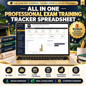 Puede incluir: Una hoja de cálculo digital para el seguimiento de formación profesional en exámenes, mostrada en una pantalla de portátil. La interfaz muestra un panel de control de Summit Exam Academy con métricas financieras, gráficos de ingresos y datos de cursos. Incluye 18 pestañas, seguimiento de cohortes, calendario de clases, exámenes simulados, reservas corporativas y generador de facturas.