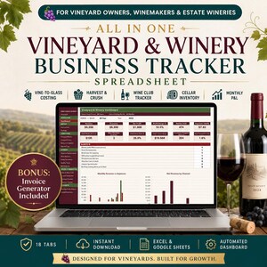 May include: A laptop displaying a Vineyard & Winery Business Tracker spreadsheet with dashboard metrics, revenue, and expense charts. The image includes text headers, icons for harvest and inventory, a wine bottle, and a glass of red wine.