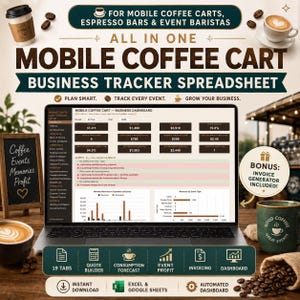 Könnte beinhalten: Eine digitale Business-Tracker-Tabelle für mobile Kaffeewagen auf einem Laptop-Bildschirm. Die Benutzeroberfläche zeigt ein Dashboard mit Finanzkennzahlen, Veranstaltungsverfolgung und Umsatzdiagrammen sowie ein Rechnungs-Tool.