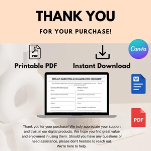 May include: A digital product image with the text "THANK YOU FOR YOUR PURCHASE!" and icons for PDF, Instant Download, and Canva. A laptop displays an affiliate marketing agreement. The image includes a thank you message.
