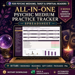 May include: A digital spreadsheet for psychic mediums and tarot readers displayed on a laptop screen. The dashboard shows revenue, expenses, and profit metrics. The design features a dark purple background with a crystal ball, candle, and tarot cards.