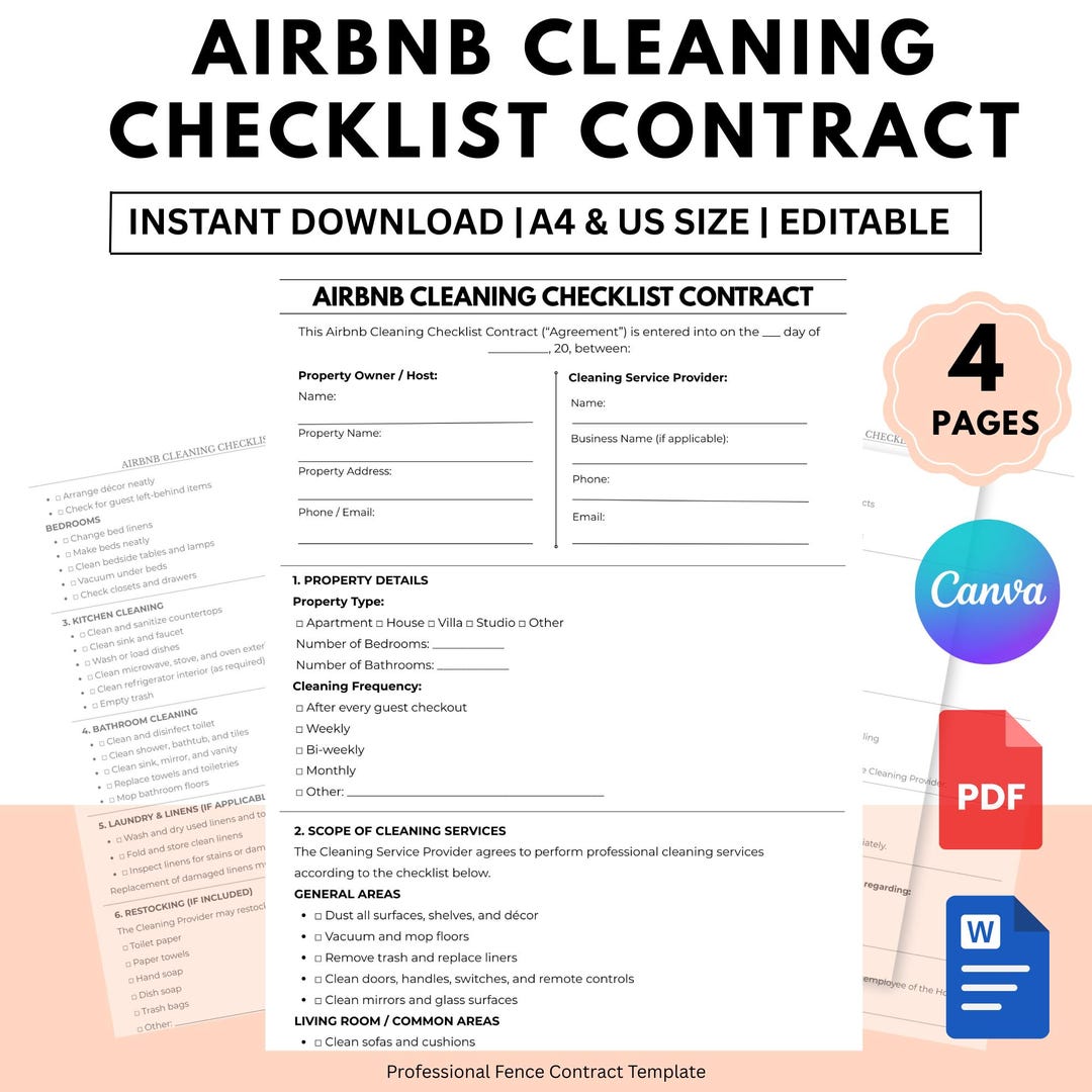 Editable Airbnb Cleaning Checklist Contract Short Term Rental