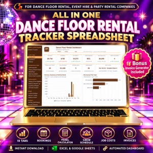 Könnte beinhalten: Ein goldener Laptop zeigt ein All-in-One-Dashboard zur Nachverfolgung von Tanzflächenvermietungen. Der Bildschirm zeigt Finanzdaten, Diagramme und Kennzahlen. Ein rosa Abzeichen weist auf einen Rechnungsgenerator hin.