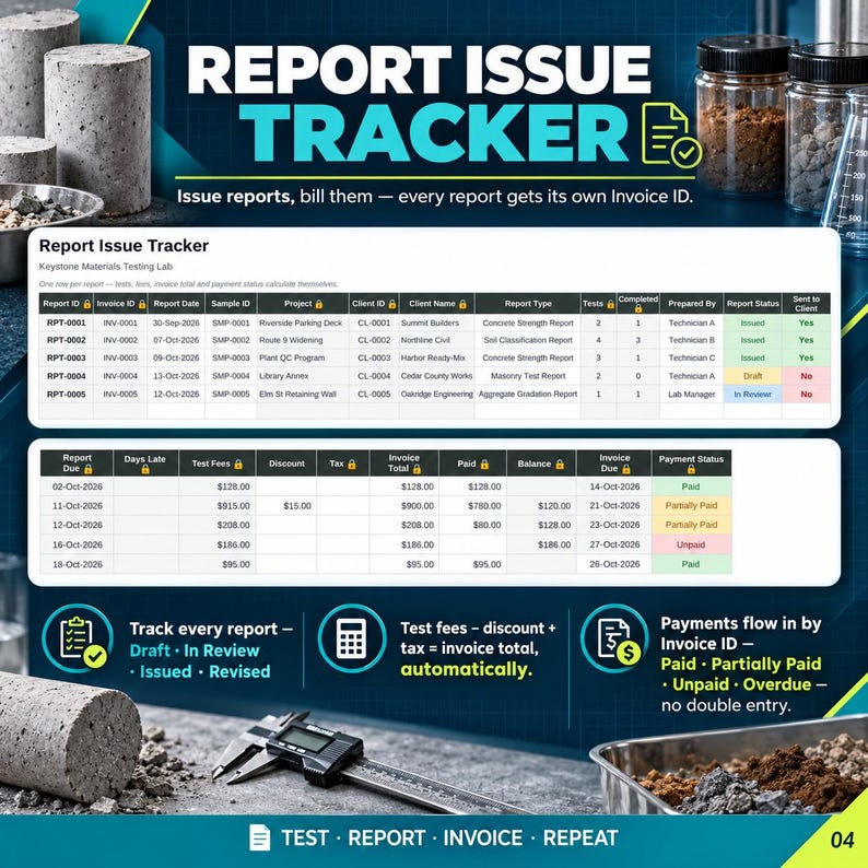Materials Testing Lab Tracker Excel Google Sheets, Concrete Cylinder ...
