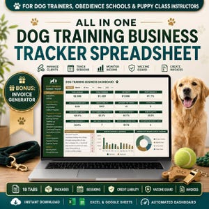 Dog Training Tracker Spreadsheet, Obedience School Business Planner, Puppy Class Client Session Package & Payment Log Excel Google Sheets