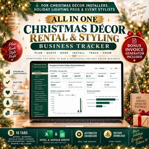 Puede incluir: Un rastreador de negocios digital para alquiler y estilismo de decoración navideña en una pantalla de portátil. La interfaz muestra métricas clave, ingresos y gastos de diciembre de 2026 con texto en verde oscuro y dorado sobre fondo festivo.