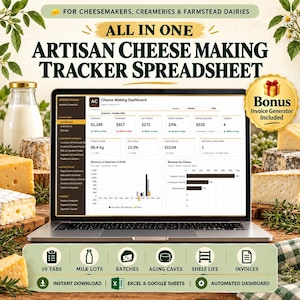 Puede incluir: Una hoja de cálculo digital para el seguimiento de la elaboración de queso en la pantalla de un portátil. El panel muestra datos de ingresos, gastos, beneficios y rendimiento. Los iconos inferiores indican 19 pestañas y funciones clave.