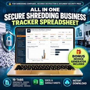 May include: A laptop displaying a secure shredding business tracker spreadsheet with dashboard metrics, revenue, and expense charts. The screen shows a sample company dashboard, while a green circular badge notes a bonus invoice generator is included.