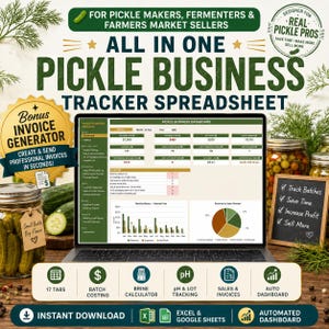May include: A digital pickle business tracker spreadsheet displayed on a laptop screen, featuring a dashboard with financial charts, batch costing, brine calculator, pH tracking, and an invoice generator for pickle makers and farmers market sellers.