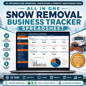 May include: A digital snow removal business tracker spreadsheet displayed on a laptop screen. The dashboard shows performance metrics, revenue, expenses, and profit charts. Includes text: All In One Snow Removal Business Tracker Spreadsheet.