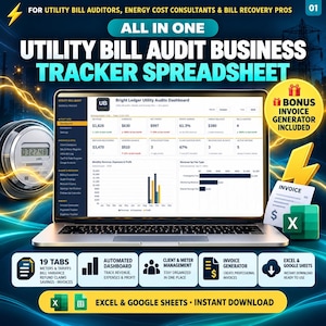 Utility Bill Audit Tracker Spreadsheet, Energy Bill Auditing Business Template, Refund Claims & Savings Tracker, Excel Google Sheets