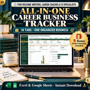 Könnte beinhalten: Ein digitaler Business-Tracker für Karriere-Coaches und Lebenslauf-Experten auf einem Laptop-Bildschirm. Das Dashboard zeigt Finanzkennzahlen, Kundendaten und Umsatzdiagramme. Inklusive Bonus-Rechnungsgenerator und Tabellenkalkulation.