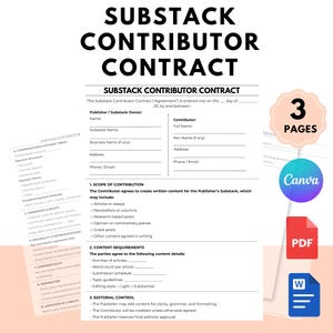 K&ouml;nnte beinhalten: Eine wei&szlig;e Substack-Contributor-Vertragsvorlage mit schwarzem Text. Der Vertrag enth&auml;lt Abschnitte f&uuml;r Details zu Herausgeber und Mitwirkenden, Umfang des Beitrags, Inhaltsanforderungen und redaktionelle Kontrolle. Ein rosa Kreis mit "3 PAGES" befindet sich rechts, zusammen mit Canva-, PDF- und Word-Symbolen.