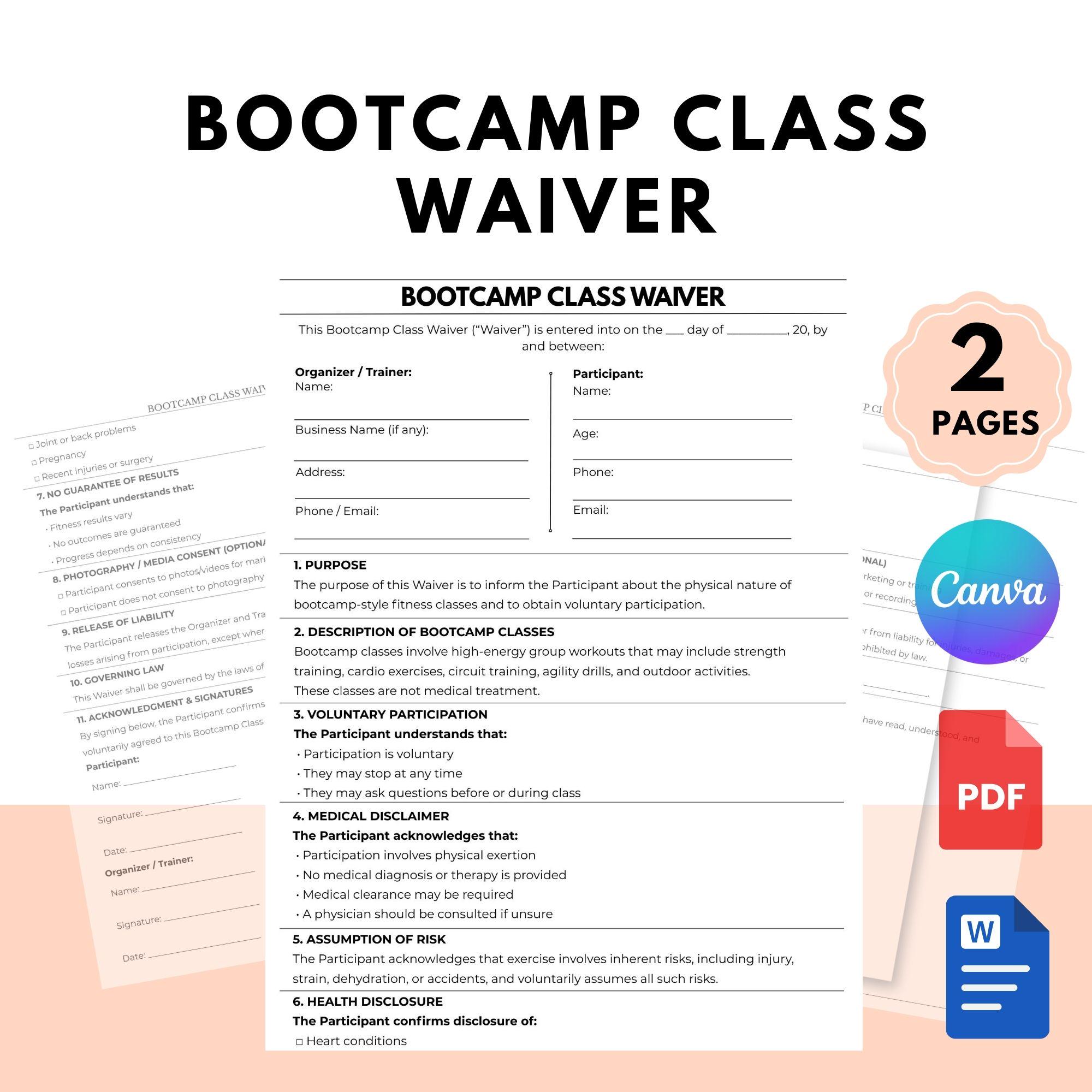 Editable Bootcamp Class Waiver | Fitness Liability Release | PDF Word ...