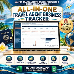May include: A gold laptop displaying the Harbor & Horizon Travel Dashboard, an all-in-one travel agent business tracker. The screen shows financial data, charts, and tabs for bookings, commissions, and invoices. Includes a bonus invoice generator.