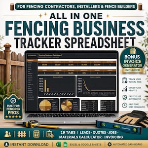 May include: A laptop screen displays a Fencing Business Tracker Spreadsheet dashboard with financial charts, job metrics, and lead sources. The image includes a yellow tape measure, a blue level tool, and work gloves on a wooden surface.