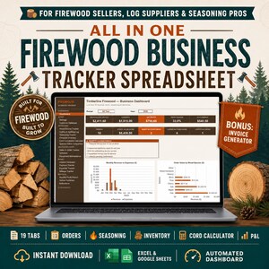 Könnte beinhalten: Ein Laptop zeigt eine All-in-One-Tabellenkalkulation zur Verfolgung von Brennholzgeschäften. Der Bildschirm zeigt ein Business-Dashboard mit Einnahmen-, Ausgaben- und Gewinnkennzahlen. Der Text enthält "Firewood Business Tracker Spreadsheet".