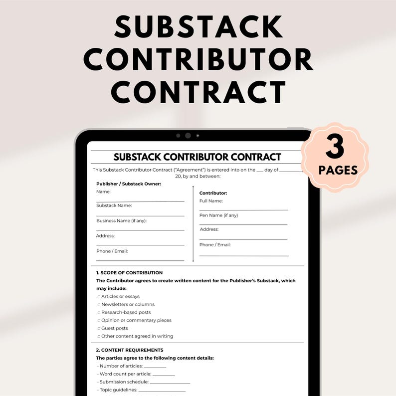K&ouml;nnte beinhalten: Ein digitaler Tablet-PC, der einen Substack-Contributor-Vertrag anzeigt. Der Vertrag ist schwarz-wei&szlig;, mit Feldern f&uuml;r Informationen zu Herausgeber und Mitwirkenden. Der Text "SUBSTACK CONTRIBUTOR CONTRACT" steht oben. Ein pfirsichfarbener Aufkleber zeigt "3 PAGES".